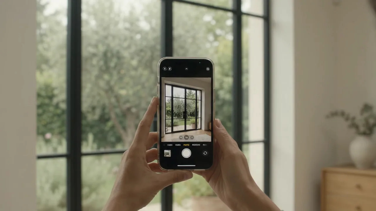 Due mani fotografano una finestra con il telefono