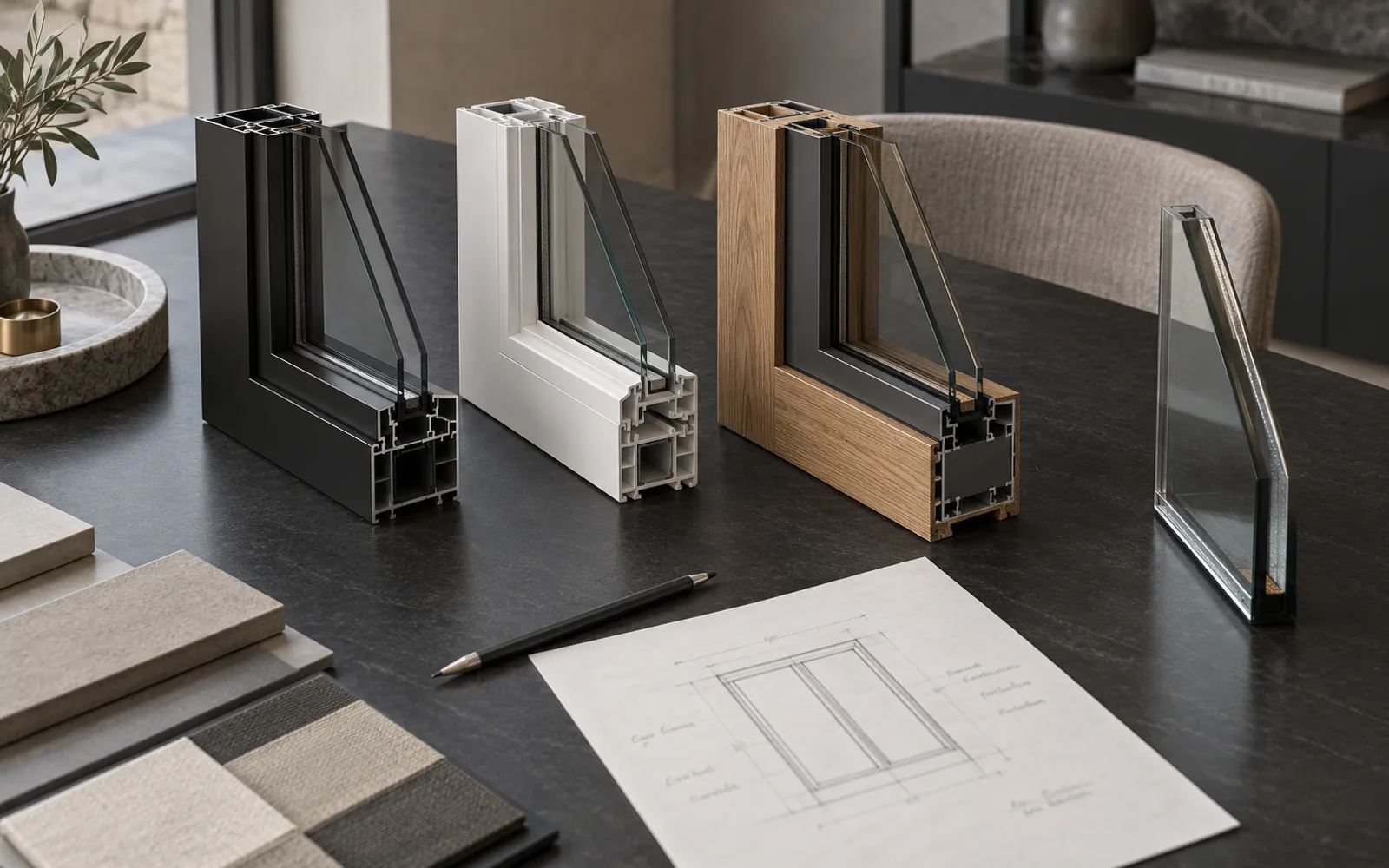 Sezioni di profili in alluminio, PVC e legno-alluminio su un tavolo, accanto a un vetro e a un disegno tecnico