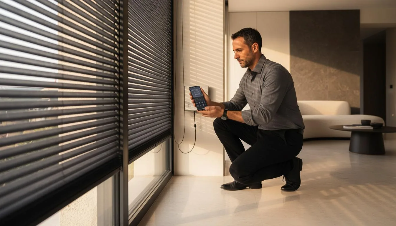Tecnico che configura una motorizzazione tramite centralina e smartphone