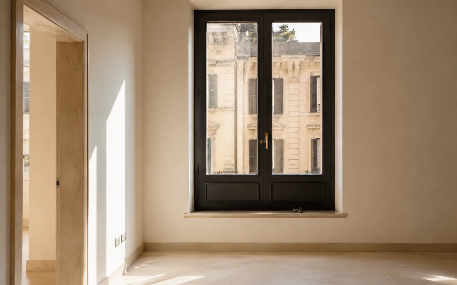 Finestra dal telaio datato in un appartamento vuoto appena liberato, con la luce del mattino sul pavimento e un mazzo di chiavi appoggiato sul davanzale
