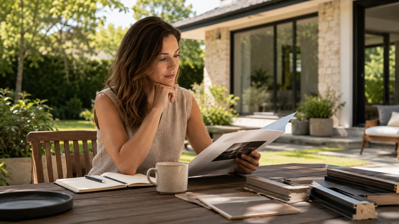 Donna che legge con calma un preventivo di infissi al tavolo del giardino, con campioni di serramenti e un quaderno per gli appunti
