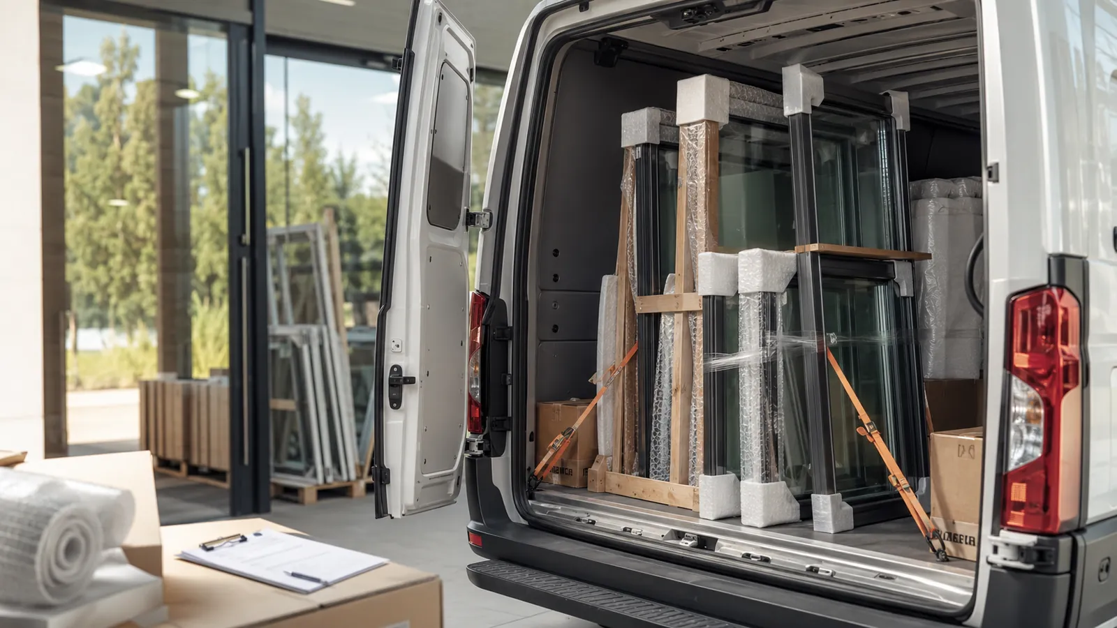 Furgone con il portellone aperto carico di serramenti imballati e fissati su cavalletti in legno, pronti per la consegna in cantiere