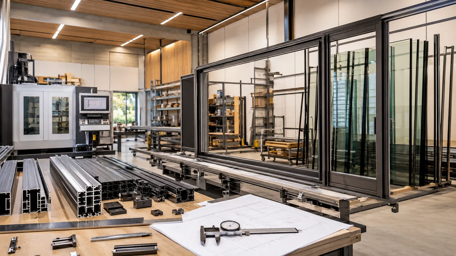 Officina di produzione serramenti con profili in alluminio, lastre di vetro e una grande vetrata scorrevole in lavorazione su banco