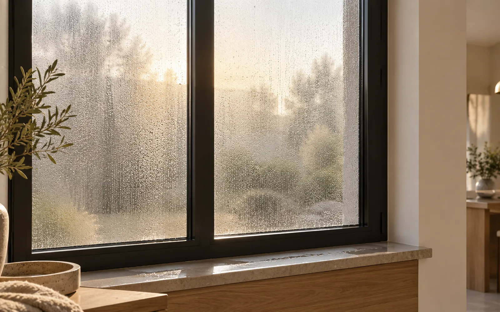 Finestra con un velo di condensa sul vetro nella luce fredda del primo mattino, interno caldo e ordinato