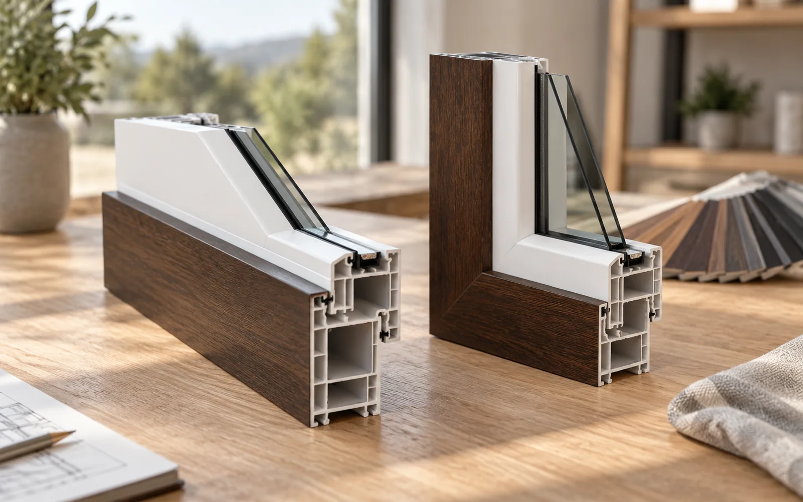 Due sezioni di telaio bicolore su un tavolo di legno: bianco sul lato interno, effetto legno scuro sul lato esterno, con una mazzetta di colori sullo sfondo