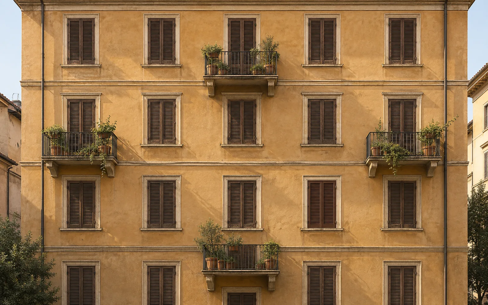 Facciata color ocra di un condominio con file ordinate di finestre e persiane marroni tutte uguali, e qualche balcone con le piante, nella luce del mattino