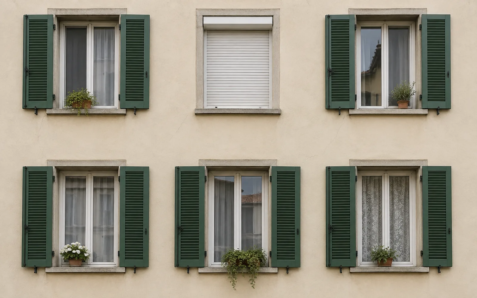 Porzione di facciata condominiale in cui una finestra ha la tapparella mentre tutte le altre hanno persiane a lamelle dello stesso colore