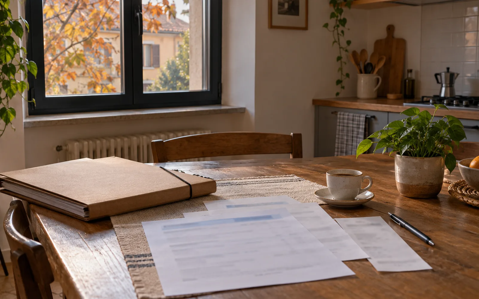 Tavolo di legno chiaro accanto a una finestra dal telaio nero, con una cartellina aperta su fatture e ricevute di bonifico, un calendario da tavolo con il 31 dicembre cerchiato a matita e una penna, nella luce naturale del mattino