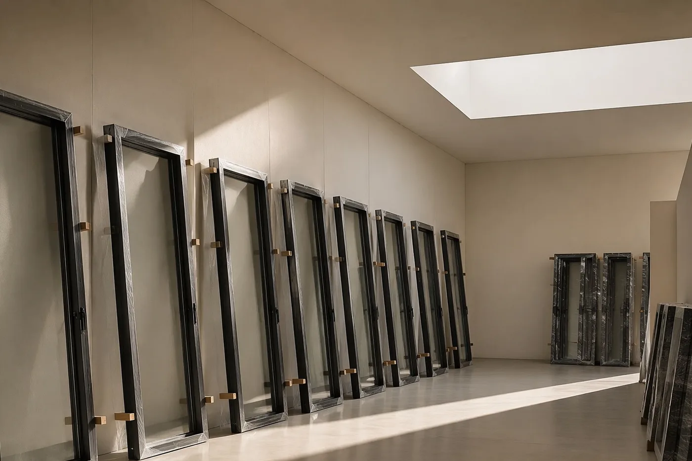 Serramenti imballati e ricoverati ordinatamente in un magazzino luminoso, in attesa della posa