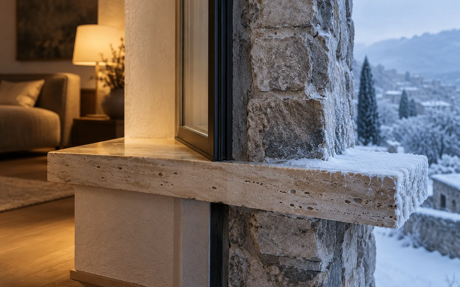 Davanzale in travertino che attraversa il muro in un pezzo unico: la parte interna nella luce calda della stanza, quella esterna coperta di brina