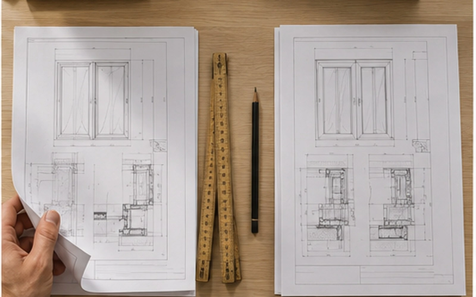 Due fascicoli di disegni tecnici di serramenti affiancati su un tavolo di legno chiaro, con matita e metro