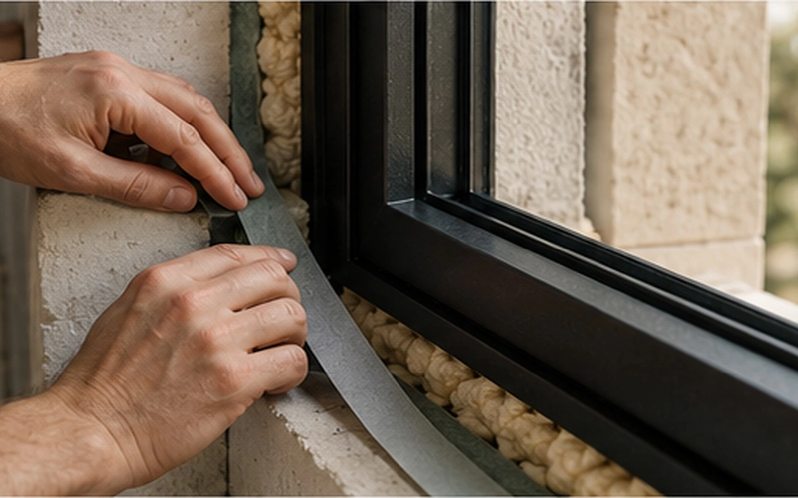 Dettaglio delle mani di un posatore che applica il nastro di tenuta sul perimetro di un serramento nero appena installato