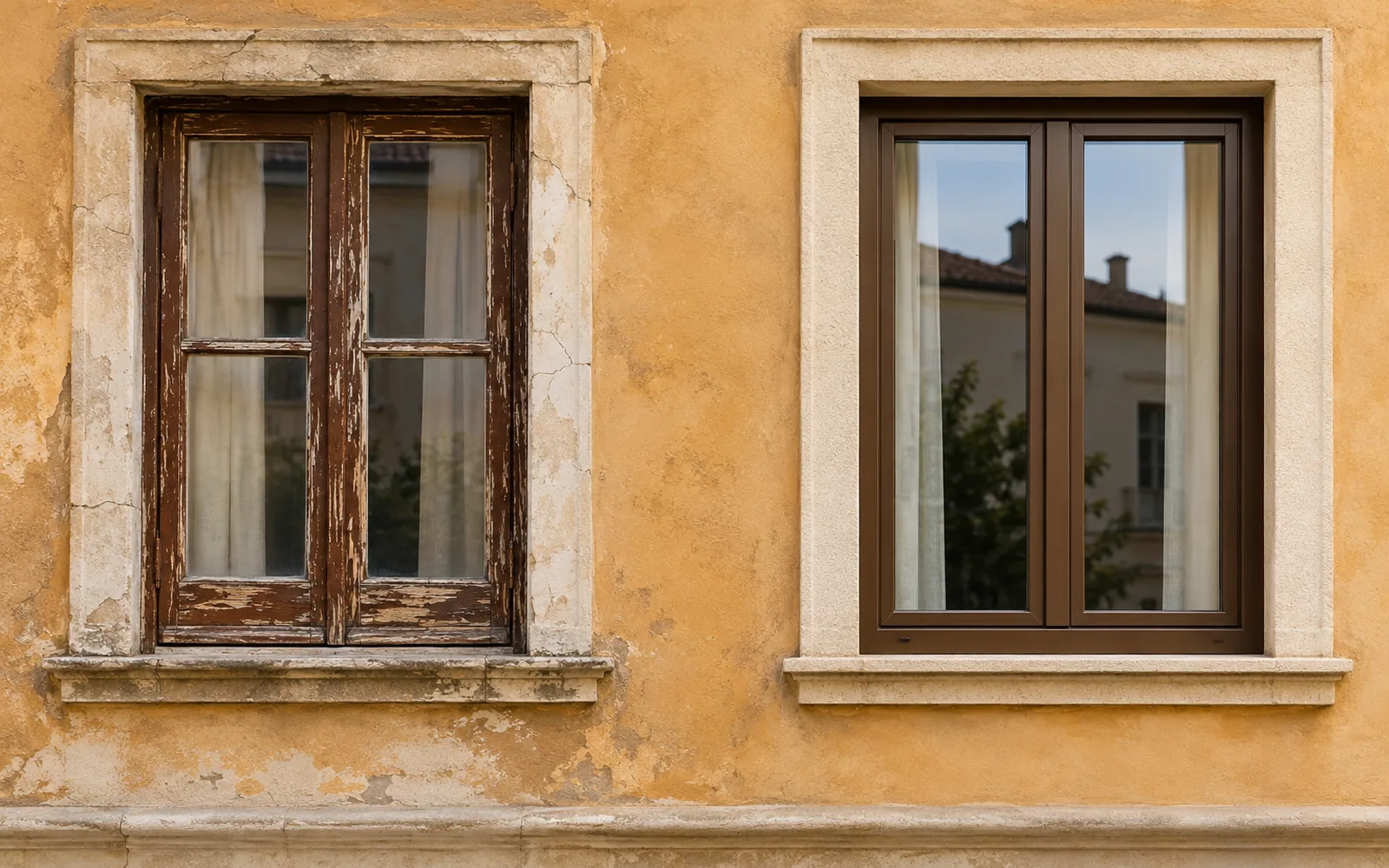 Facciata color ocra con due finestre affiancate: una vecchia in legno con la vernice scrostata e una nuova dello stesso colore, dal telaio sottile e pulito
