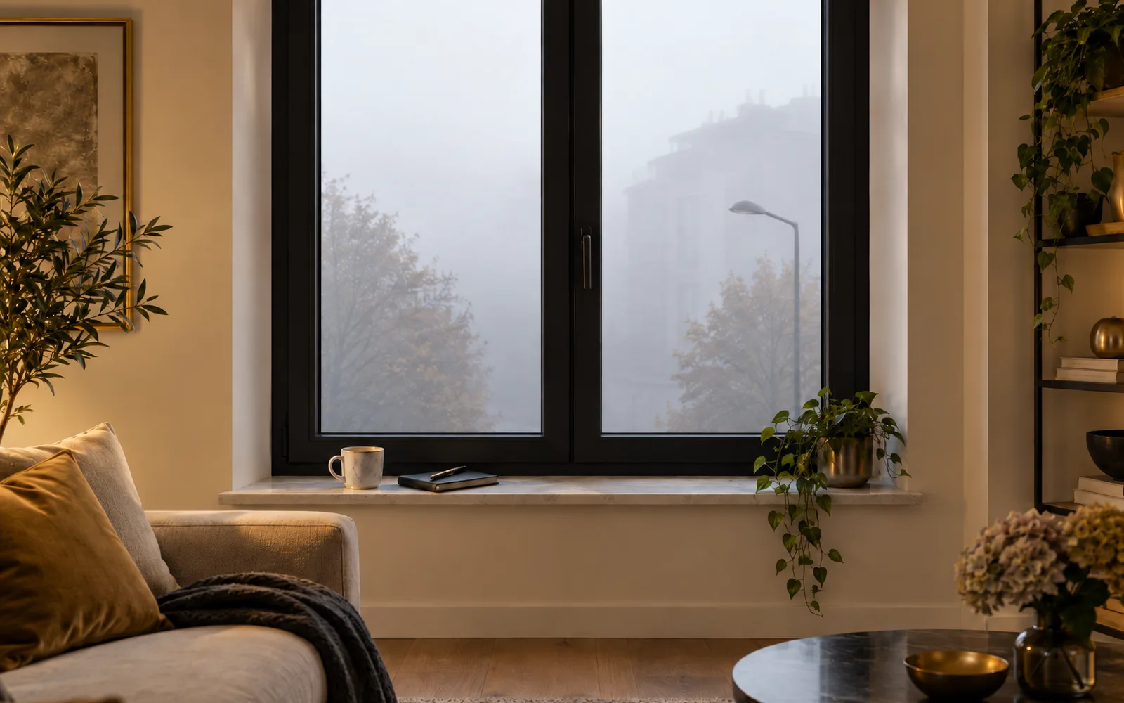 Soggiorno di un appartamento con una finestra a due ante dal telaio nero, chiusa; dentro luce calda e un davanzale in marmo con una tazza e un quaderno, fuori una nebbia fitta che lascia solo le sagome di un palazzo, di un lampione e di due alberi