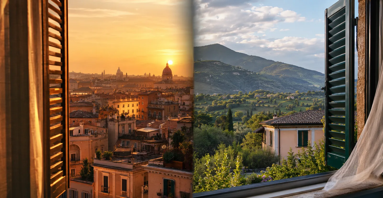 Doppio affaccio dalla finestra, i tetti di Roma al tramonto da un lato e le colline verdi della Ciociaria dall'altro