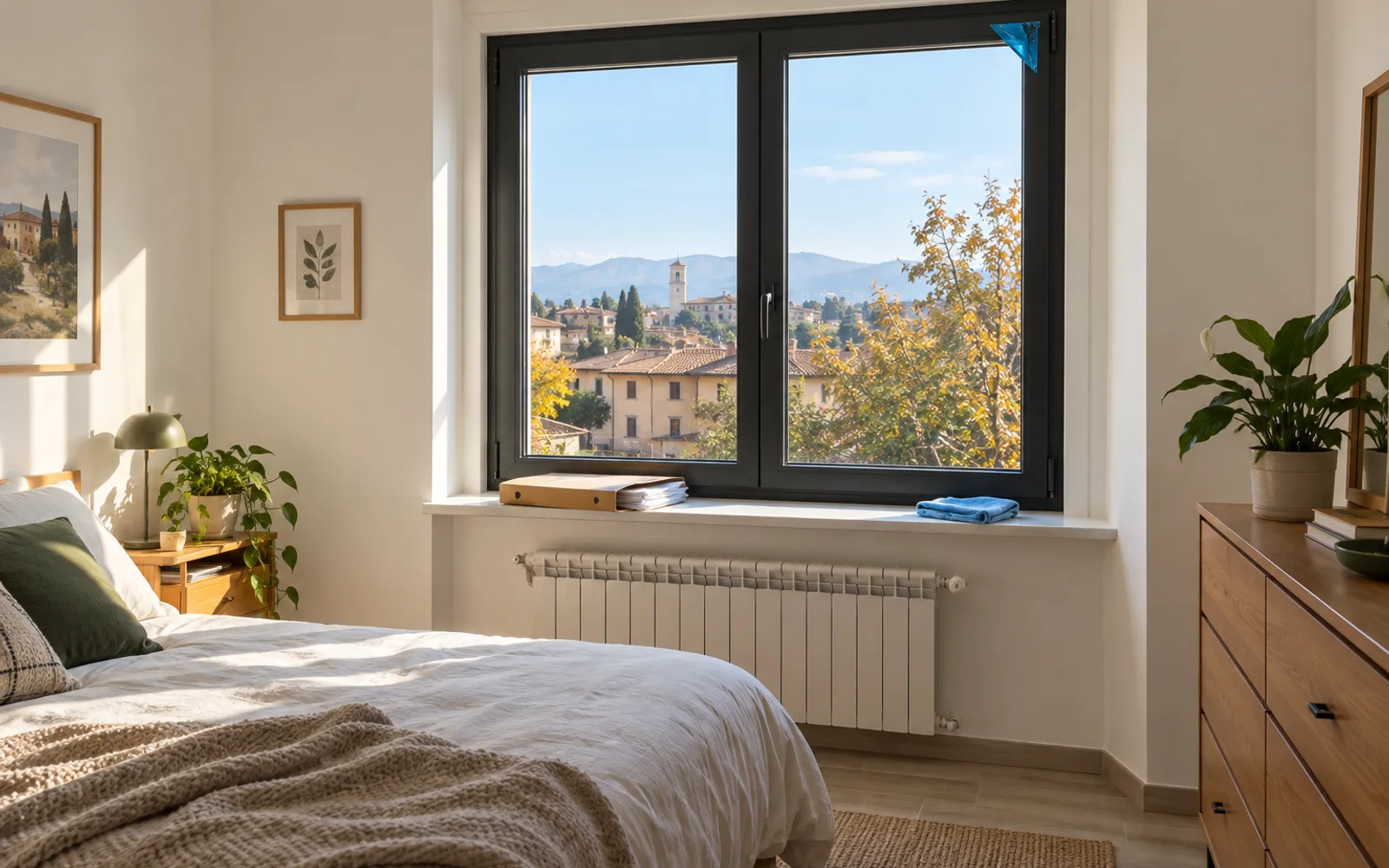 Finestra nuova con telaio nero in una stanza appena ritinteggiata, un panno morbido e un secchio sul pavimento, la luce naturale del mattino sul davanzale