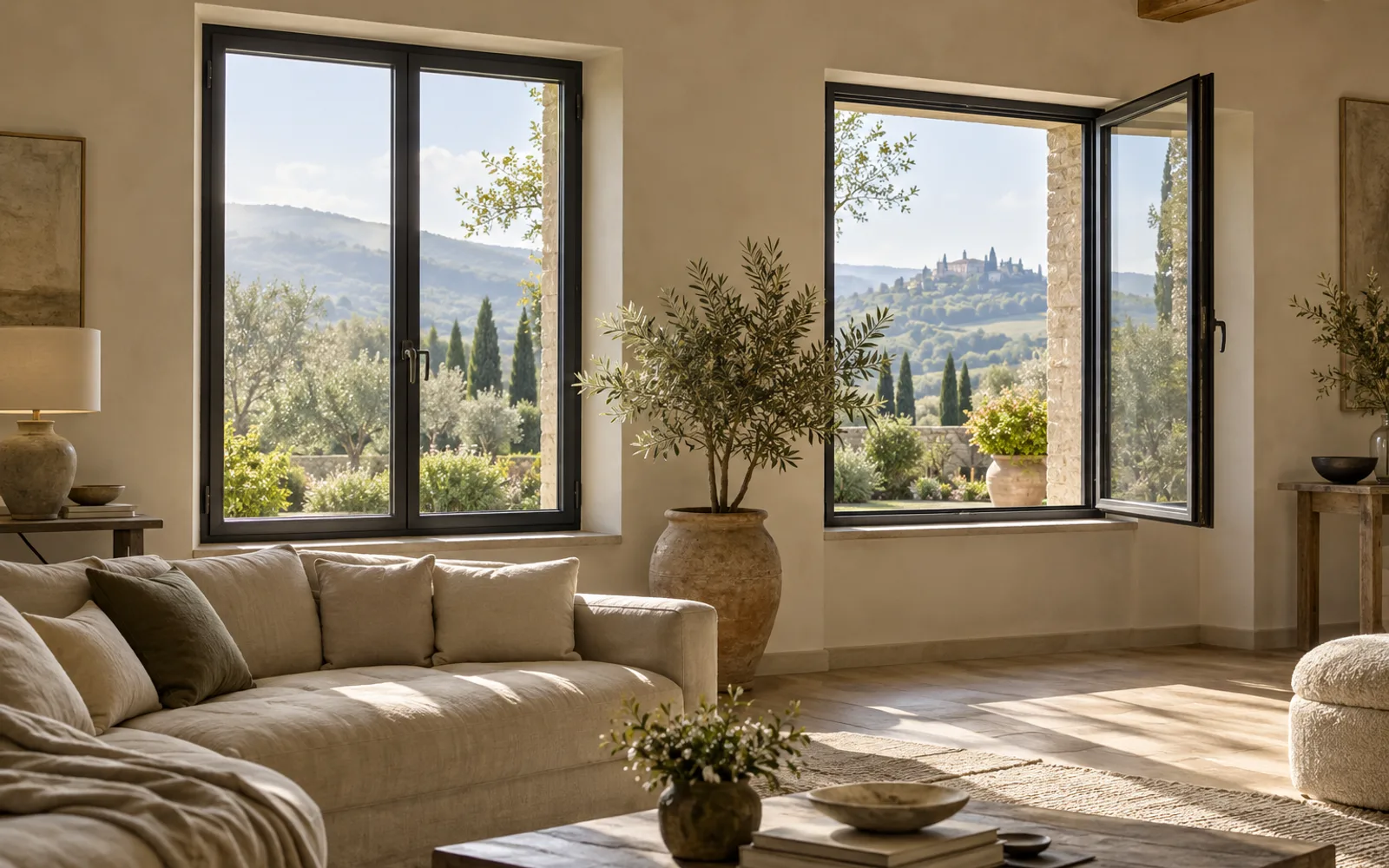 Soggiorno luminoso con due finestre dal telaio nero, una aperta, un ulivo in un vaso di terracotta e le colline sullo sfondo