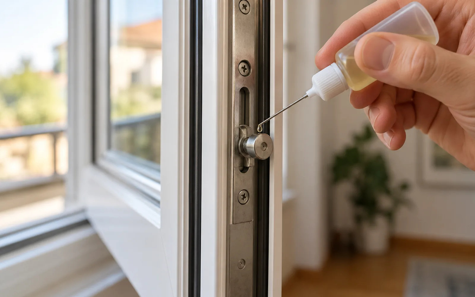 Una mano lascia cadere una goccia d’olio da un flaconcino a punta sottile sul nottolino di chiusura di una finestra bianca