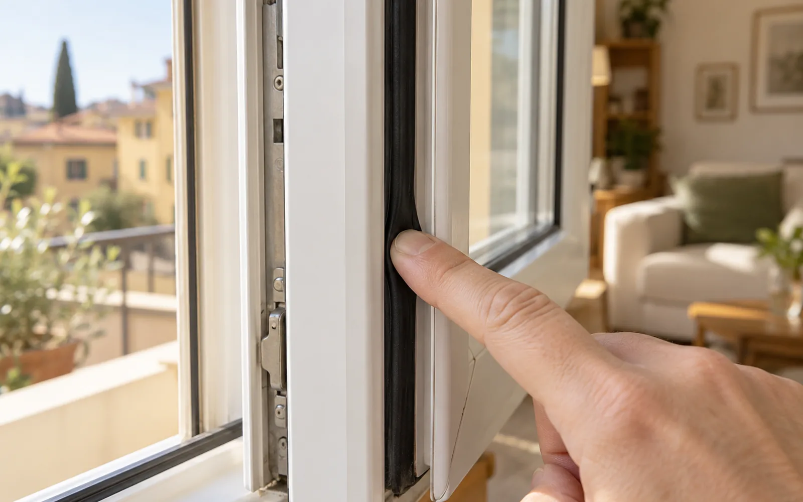 Un dito preme la guarnizione nera sul bordo di un’anta aperta in PVC bianco, con la ferramenta di chiusura accanto
