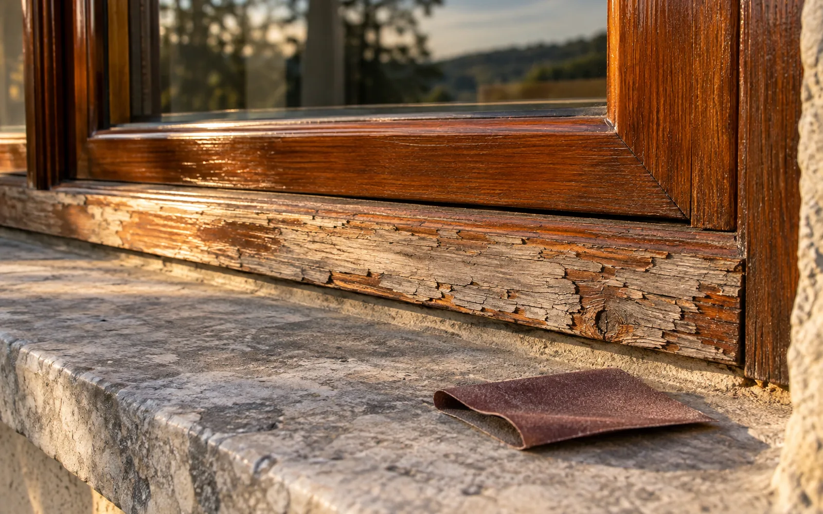 Traverso basso di una finestra in legno vista da fuori: la vernice è screpolata e il legno sotto si è ingrigito