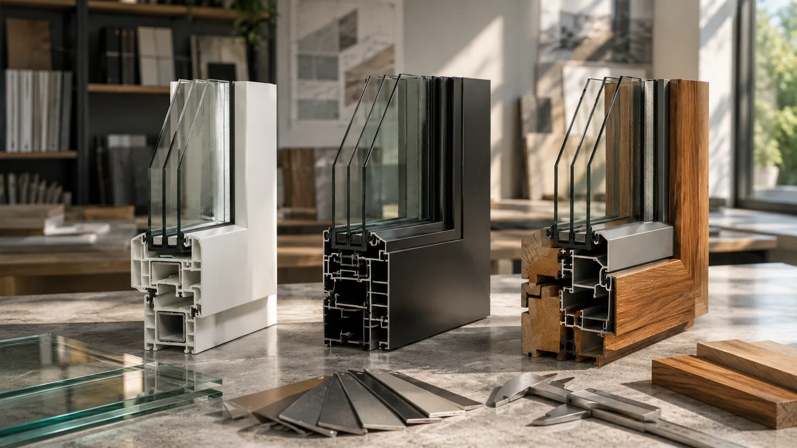 Tre sezioni di profilo per serramenti a confronto su un piano in pietra: PVC bianco, alluminio a taglio termico nero e legno-alluminio, con lastre di vetrocamera e campioni di finitura