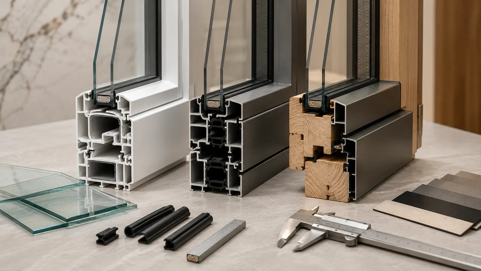 I tre profili affiancati in sezione — PVC, alluminio e legno-alluminio — con guarnizioni, lastre di vetrocamera, calibro e campioni di finitura