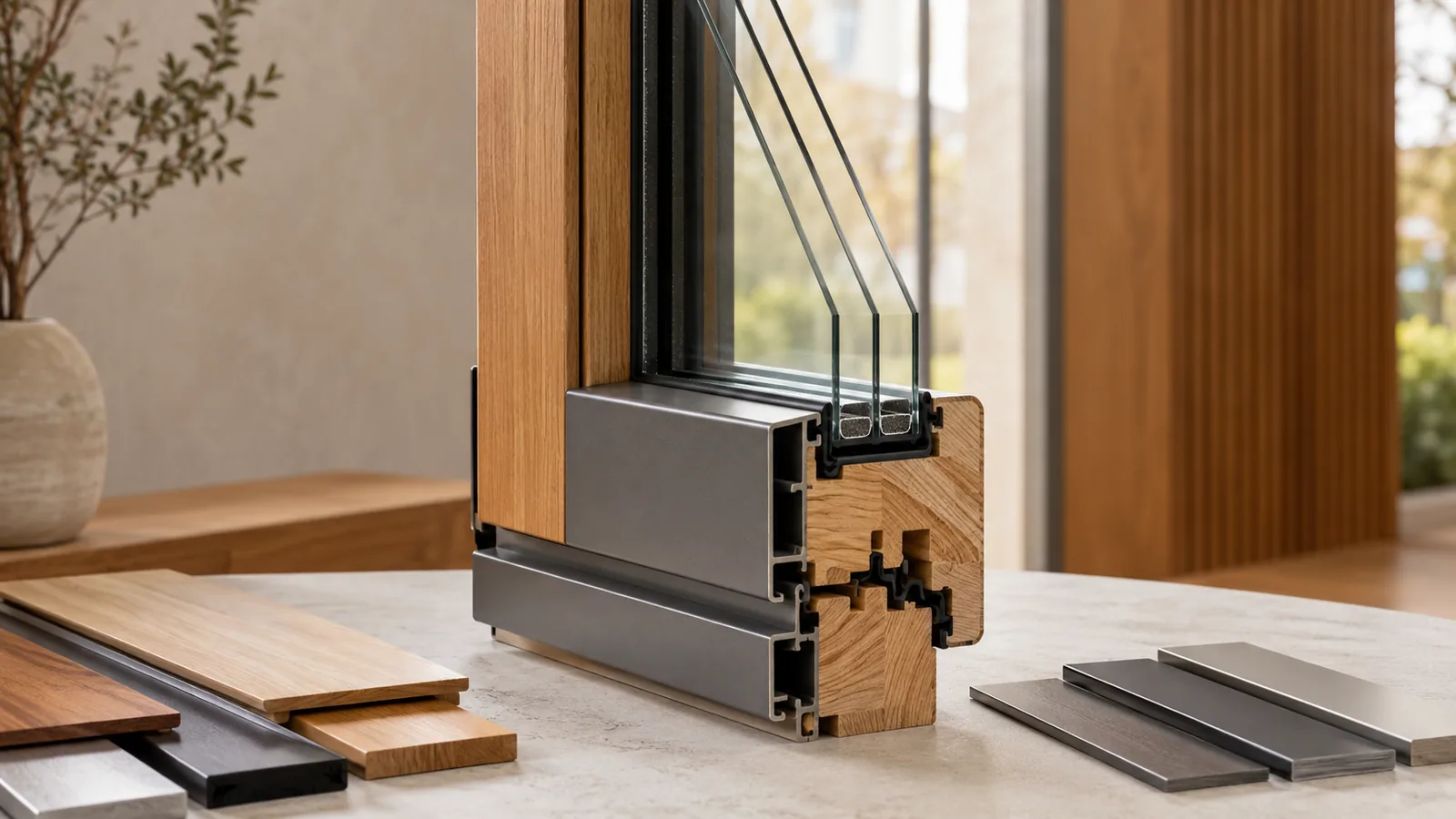 Sezione di un profilo legno-alluminio: il legno di rovere verso l’interno e il guscio in alluminio grigio applicato all’esterno, con campioni di essenze e finiture accanto