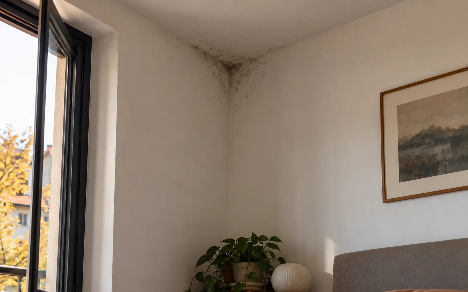 Angolo alto di una camera in autunno, con una macchia grigia di muffa tra la parete esterna e il soffitto, accanto a un armadio addossato al muro e a una finestra con il telaio nero