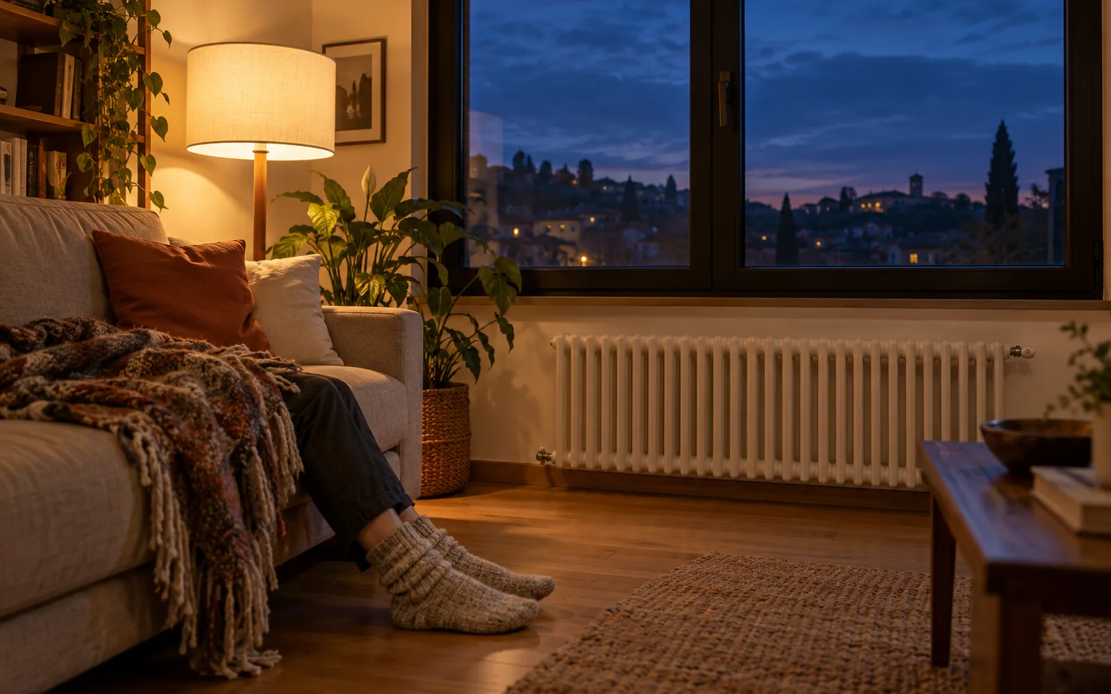 Divano accostato a una finestra con telaio nero in una sera di metà ottobre, un plaid sulle ginocchia, i piedi sul parquet e il termosifone sotto il vetro, nella luce calda di una lampada
