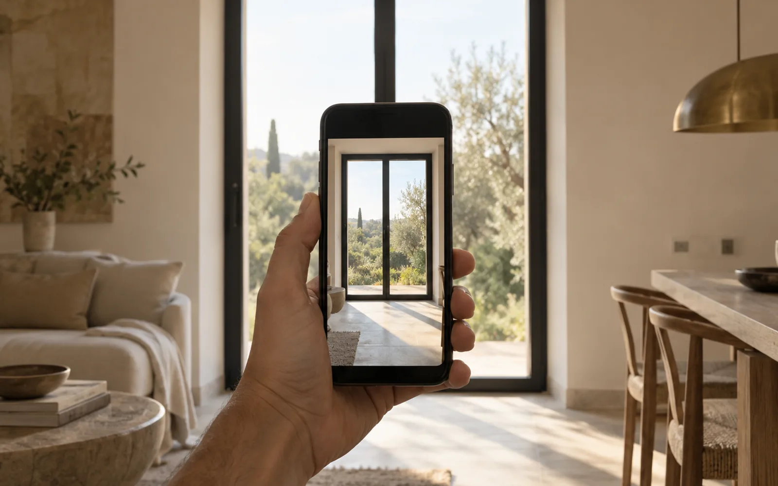 Telefono impugnato che inquadra una finestra dall'interno di una stanza, con la luce che entra dal vetro