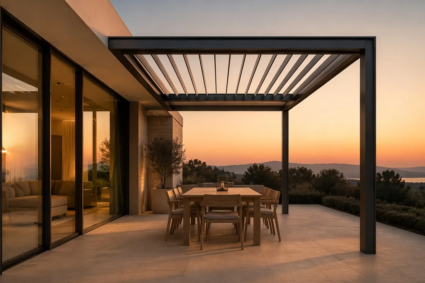 Pergola bioclimatica illuminata di sera, con la zona pranzo esterna che prolunga la casa nella luce calda del tramonto