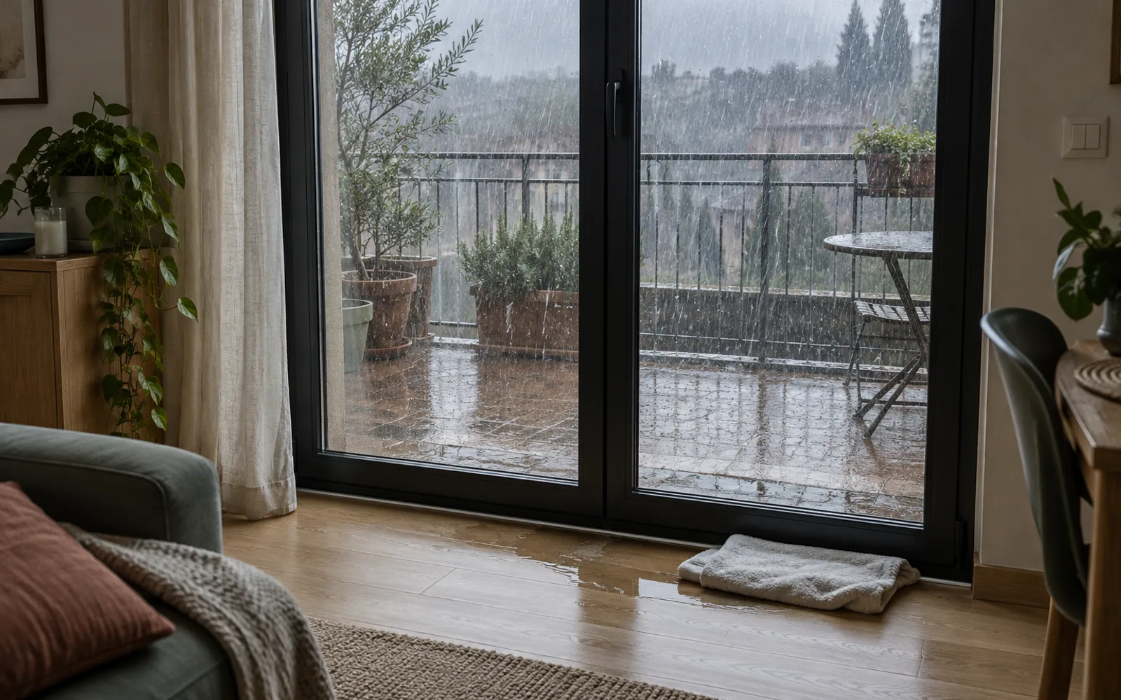 Portafinestra con infissi neri su un balcone, battuta dalla pioggia di traverso: sul pavimento del balcone una pozza ferma contro la soglia, nella luce grigia di un pomeriggio d’ottobre