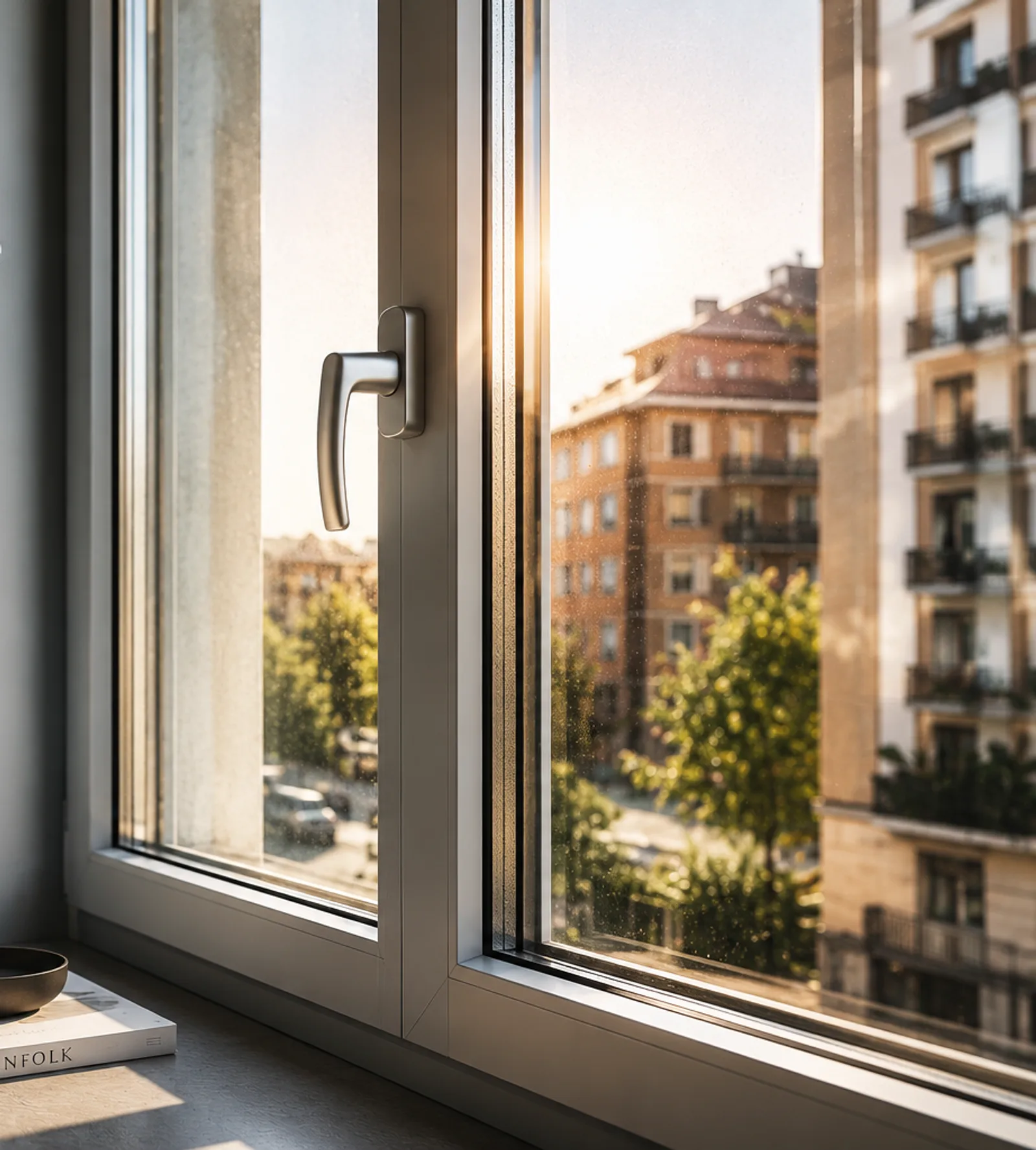 Finestra al tramonto vista dall'interno, con maniglia in primo piano e vista sui palazzi