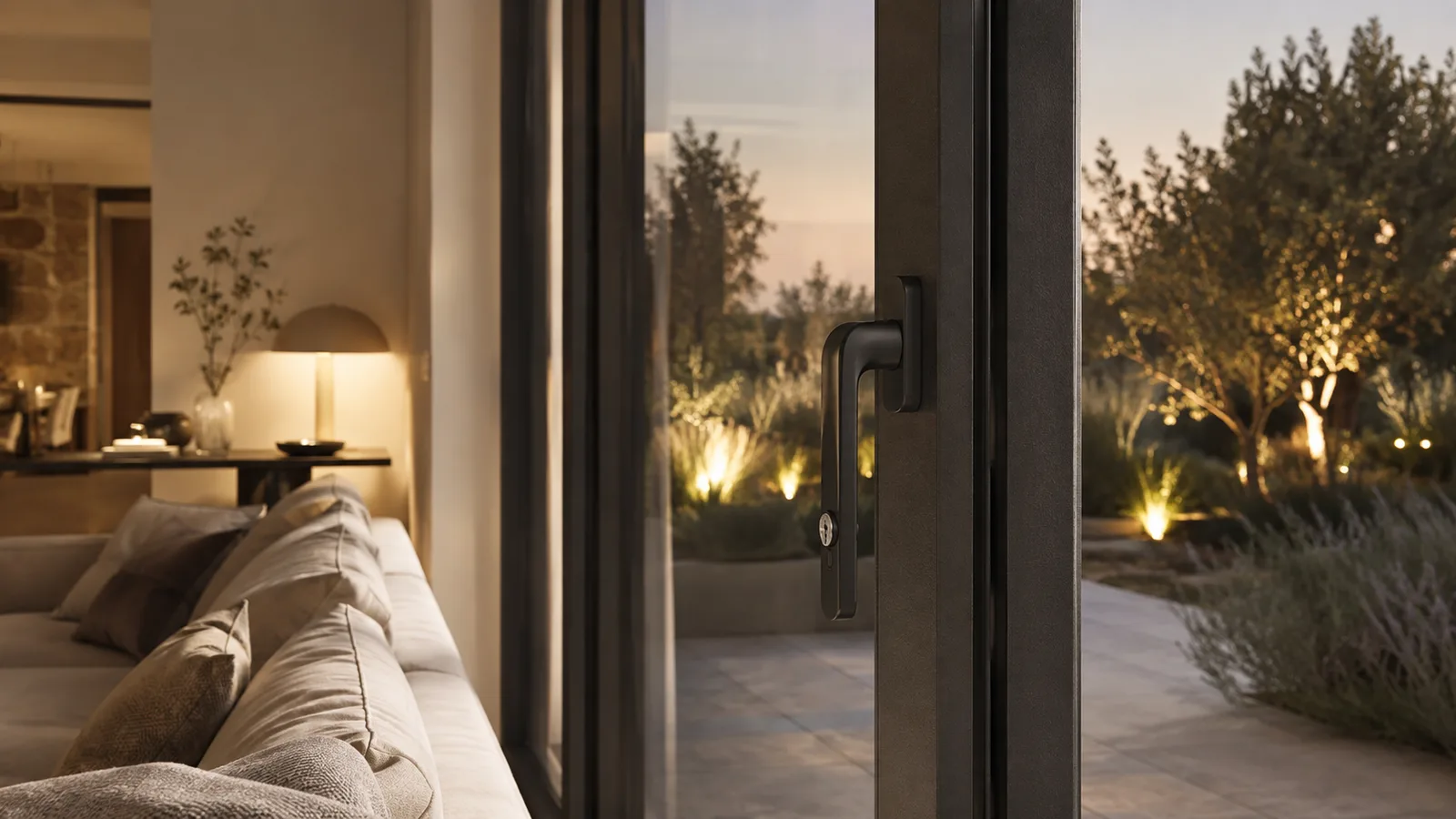 Finestra dal telaio nero vista dall’interno di una casa al crepuscolo, con la maniglia con chiave in primo piano e il giardino illuminato oltre il vetro