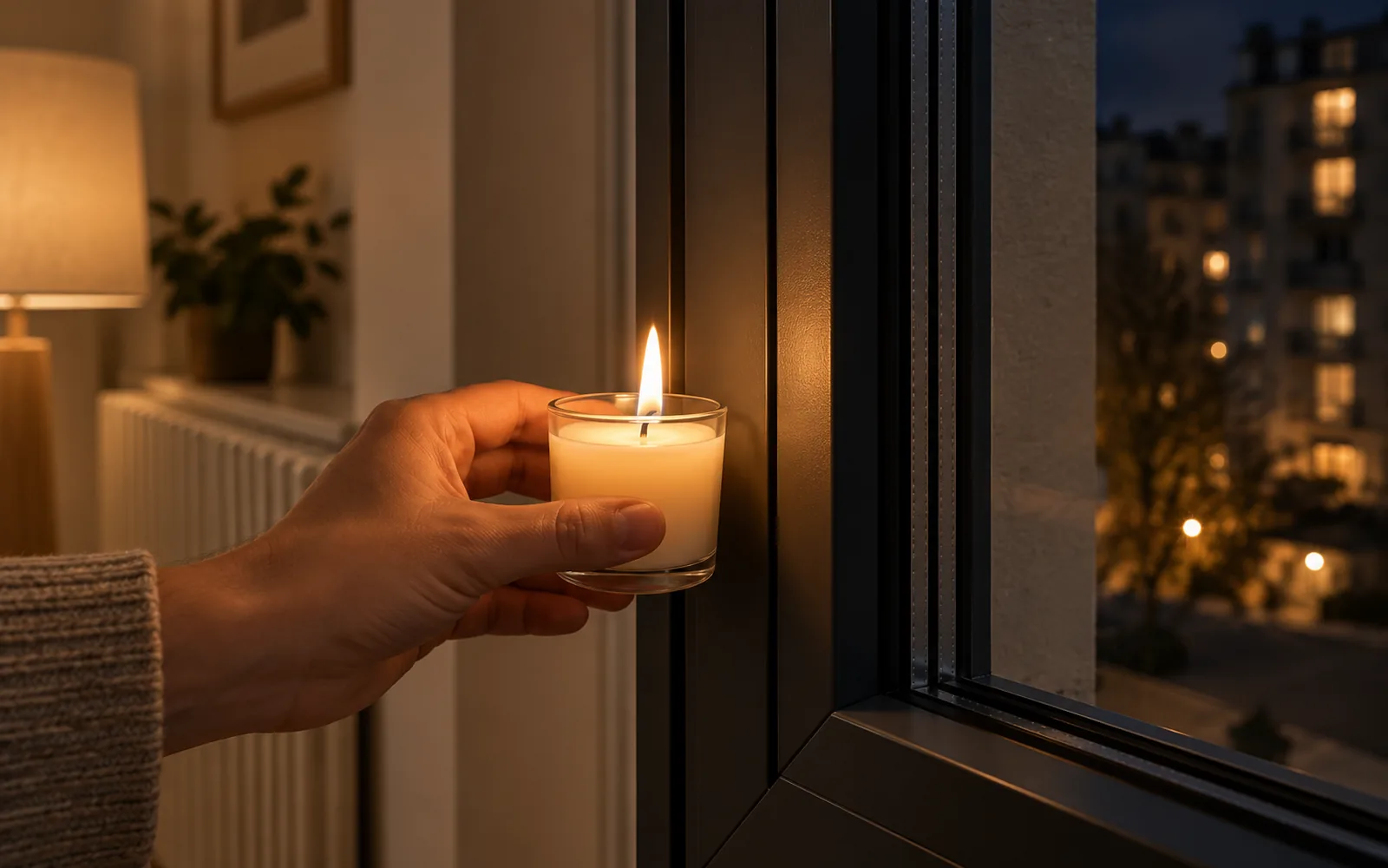 Mano che avvicina una candela in bicchiere al montante di una finestra chiusa: la fiamma resta perfettamente dritta