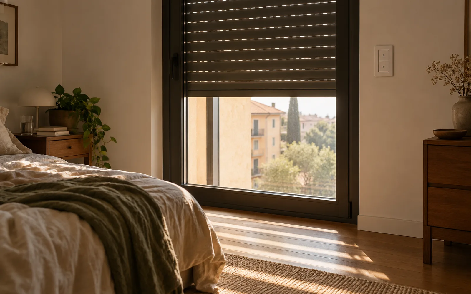 Soggiorno di una casa comune con una finestra dagli infissi neri, la tapparella abbassata a metà e un pulsante a muro accanto alla finestra, in luce naturale