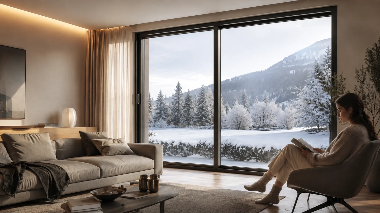 Donna che legge in poltrona accanto a una grande vetrata, con la neve fuori e la stanza in pieno comfort