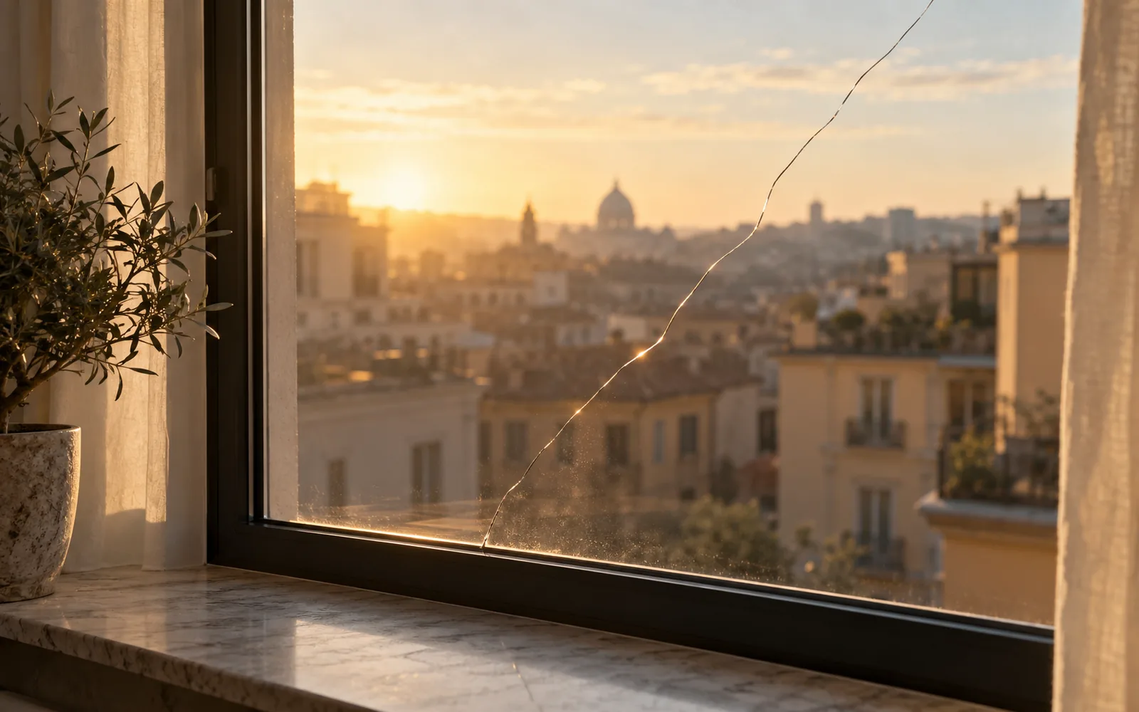 Vetro di una finestra con una lunga crepa sottile che parte dal bordo basso del telaio e attraversa la lastra, con i tetti della città nella luce dorata del mattino