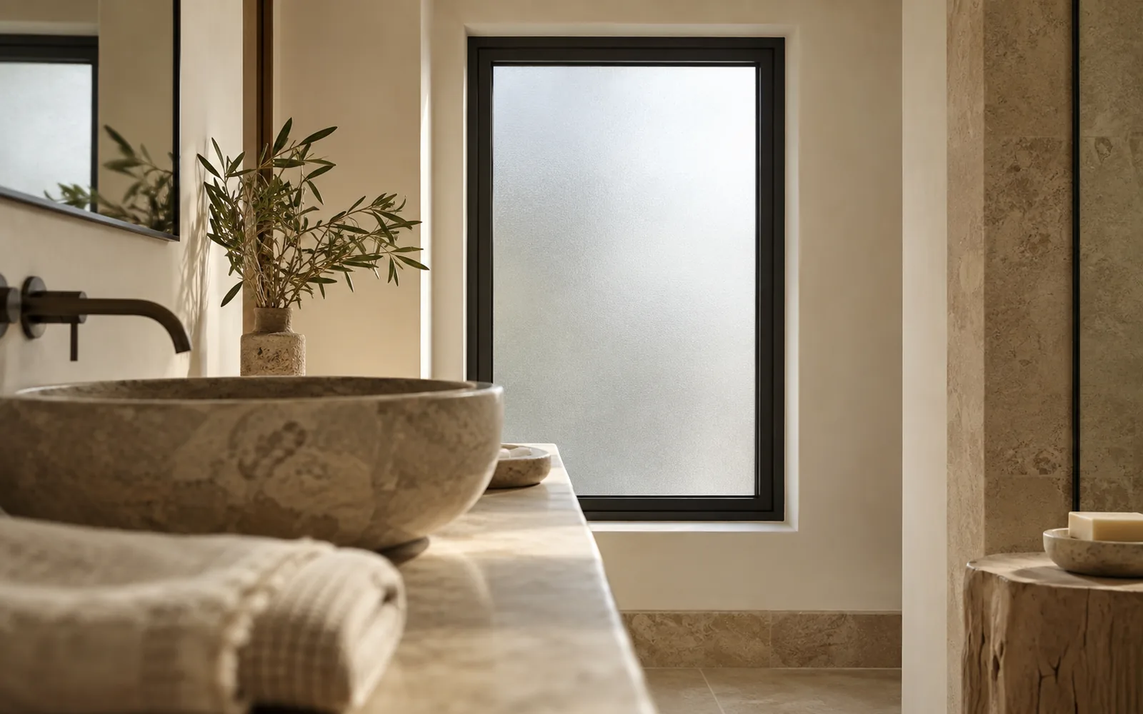 Finestra di bagno con vetro satinato che lascia passare una luce morbida e uniforme senza mostrare l’esterno