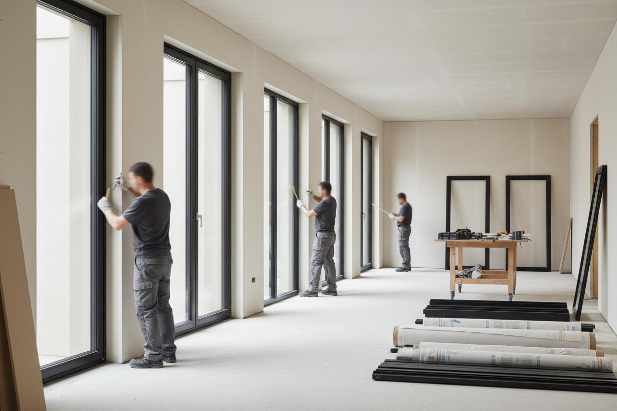 Cantiere ordinato con più maestranze coordinate al lavoro