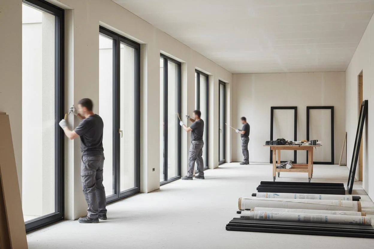 Cantiere ordinato con più maestranze coordinate al lavoro