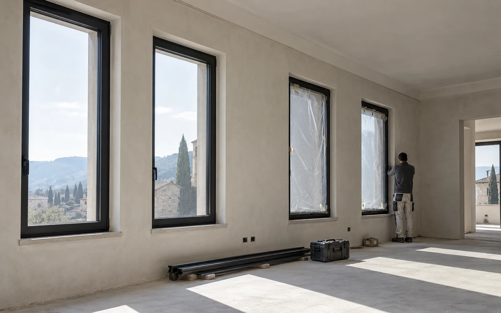 Stanza al grezzo con quattro finestre dal telaio nero appena posate, una figura di spalle al lavoro sull’ultima