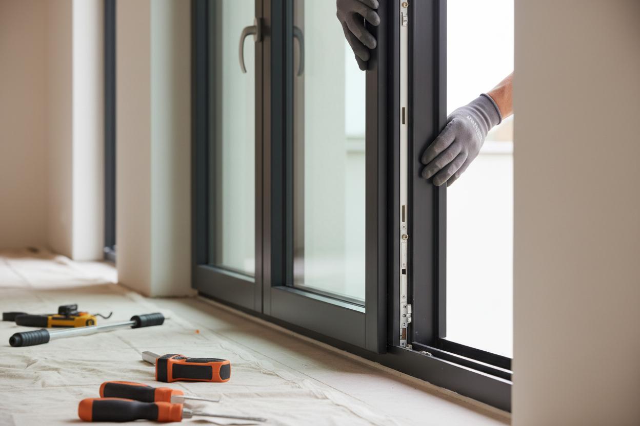 Installatore che posa una finestra dal telaio nero in un cantiere ordinato