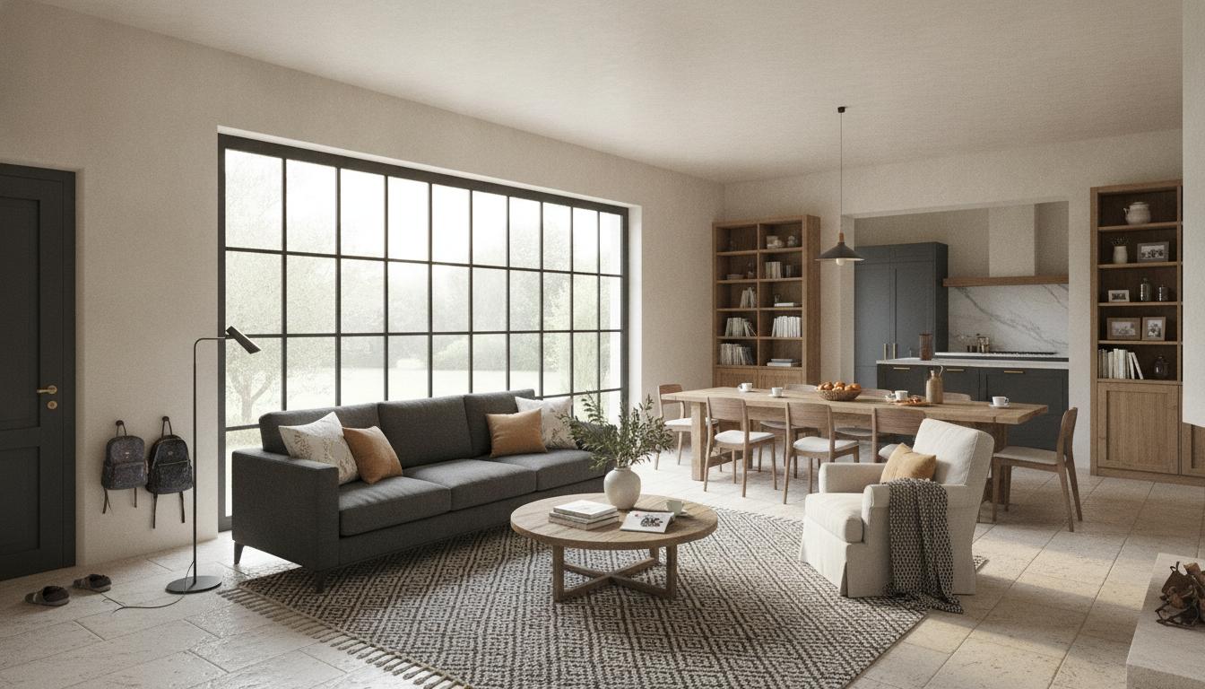 Casa luminosa con grandi finestre nere e luce naturale