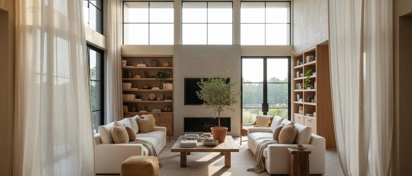 Casa luminosa con grandi finestre nere e luce naturale