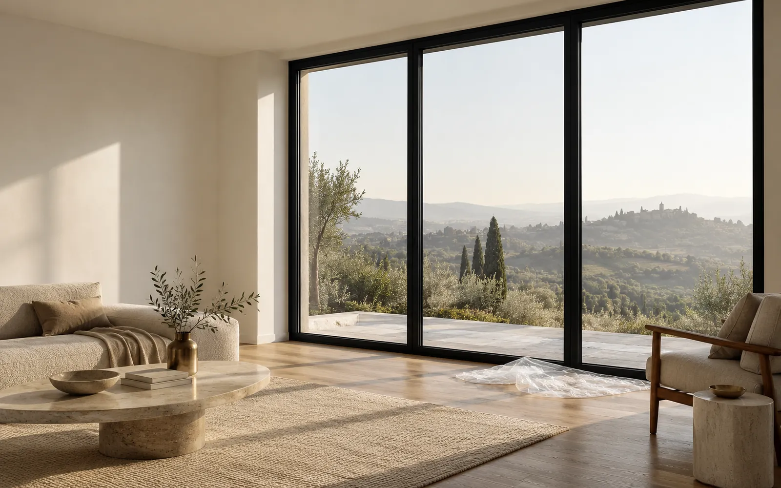 Soggiorno luminoso con una grande vetrata dal telaio nero aperta sulle colline