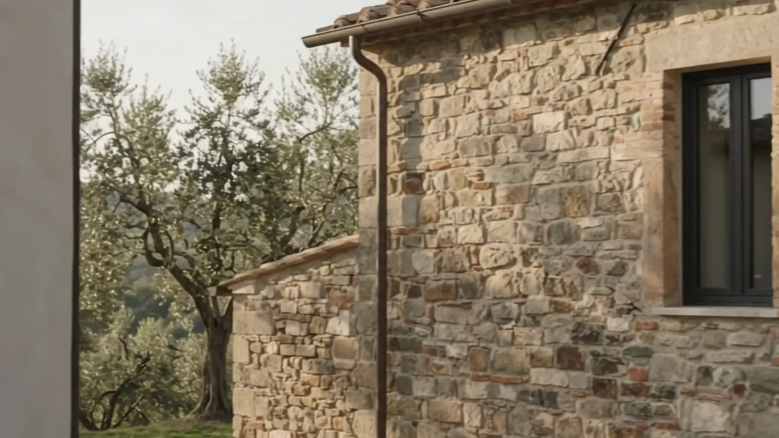 Casale in pietra tra gli ulivi, con una finestra dal telaio scuro