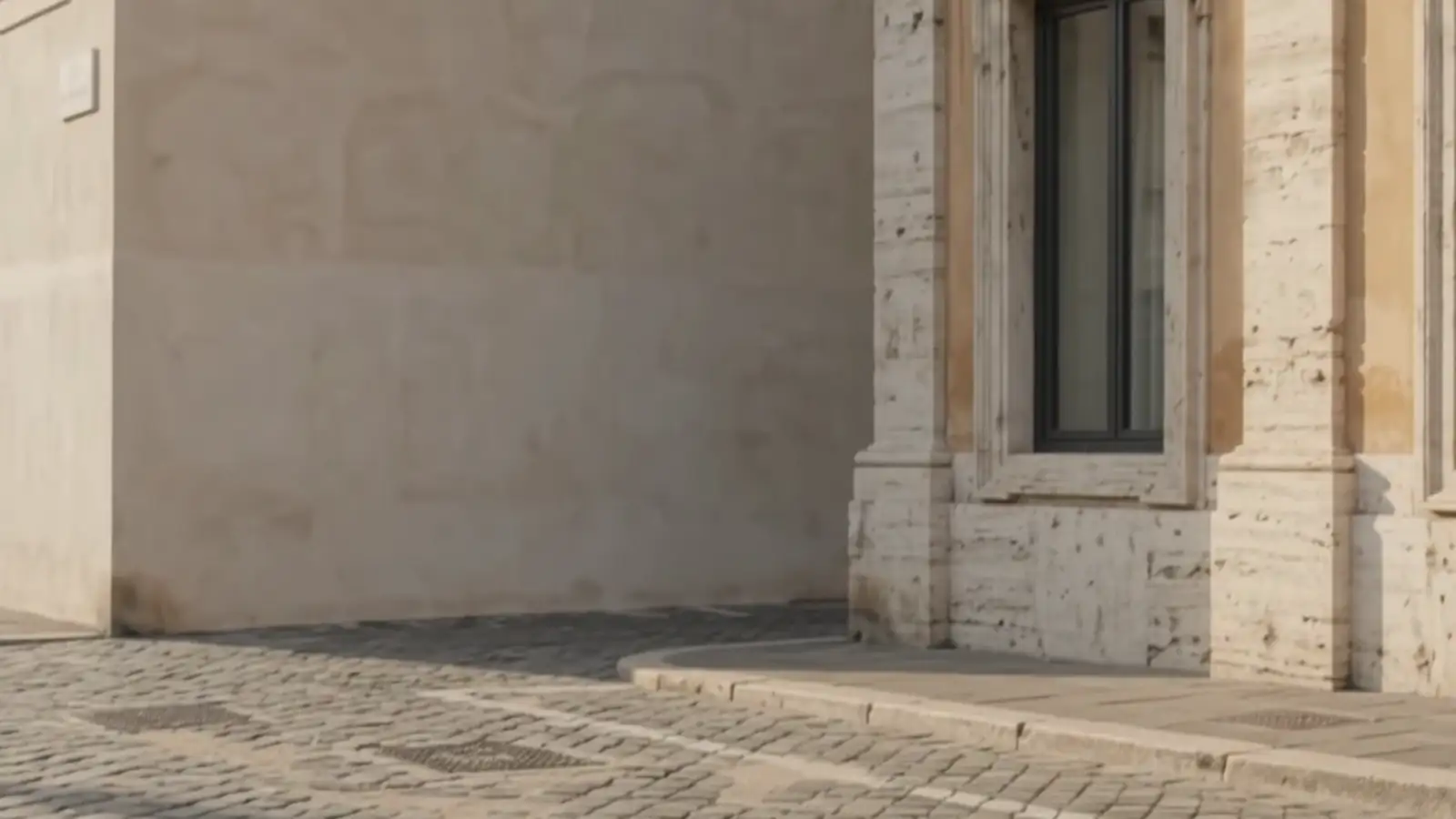Palazzo storico con cornici in pietra chiara e una finestra dal telaio scuro, su una strada lastricata