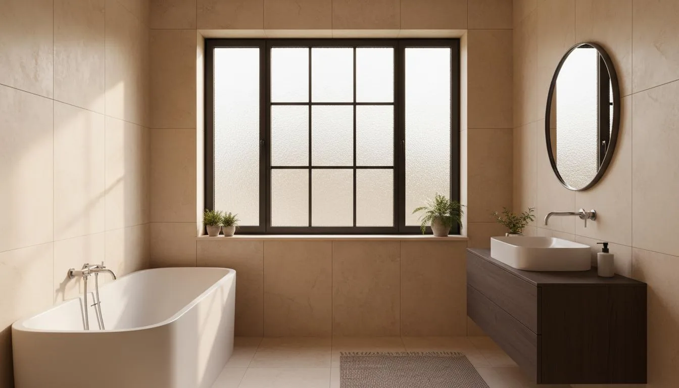 Bagno con finestra nera tra privacy e luce naturale