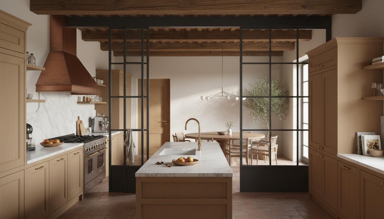 Cucina con vetrata nera e luce naturale